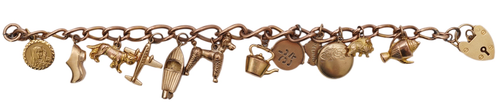 A gold charm bracelet, mid 20th century